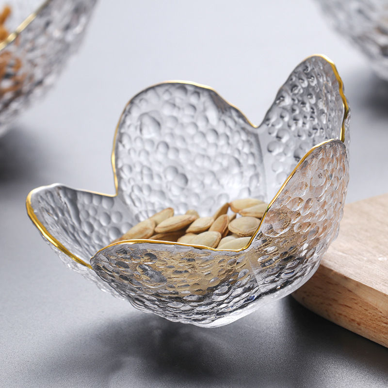 Fruit Bowl Japanese-style glass salad bowl golden edge cute single dessert bowl household small dish hammer pattern cherry petal Bowl