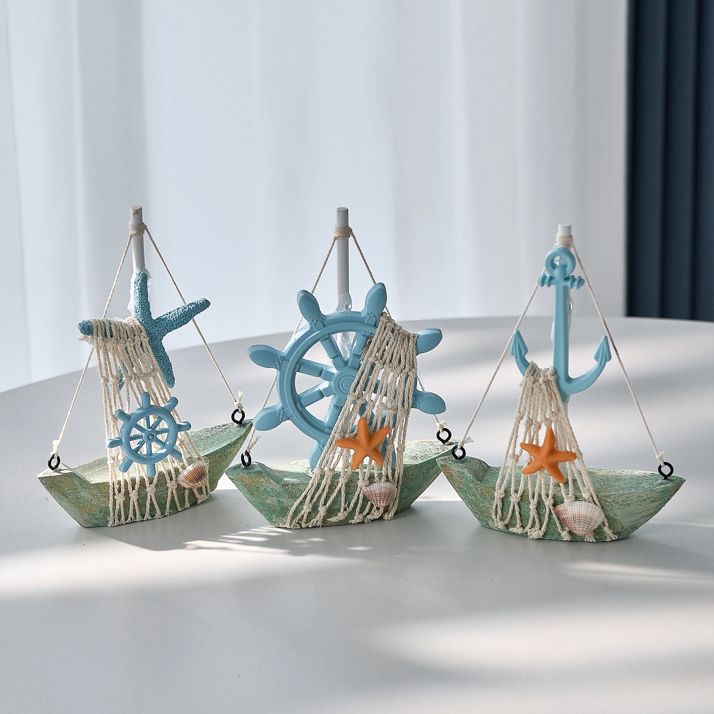 Mediterranean Style Retro Wooden Sailing Ship Anchor Helmsman Boat Starfish Lifebuoy Boat Model Ornament Decoration