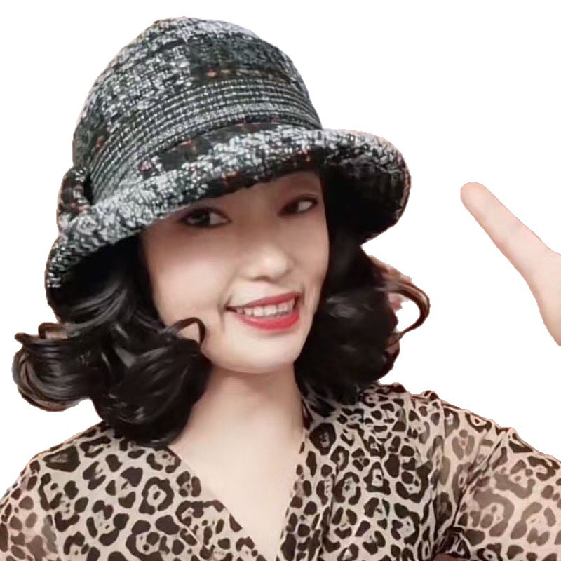 Wig Autumn and Winter Fashion Hat Integrated New Style Fisherman Hat Middle-Aged and Elderly Mothers Stylish Versatile Hat Curly Hair Headgear