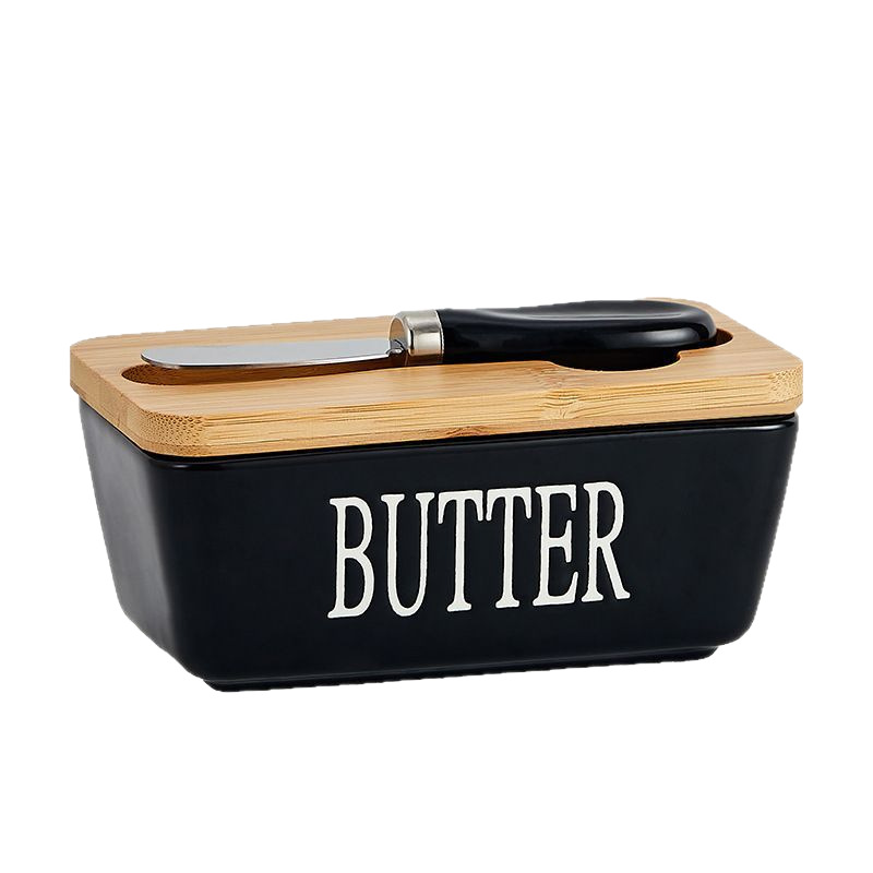Creative Black Ceramic Butter Box with Knife Home Kitchen Sealed Storage Box Butter Packaging Storage Box Wholesale
