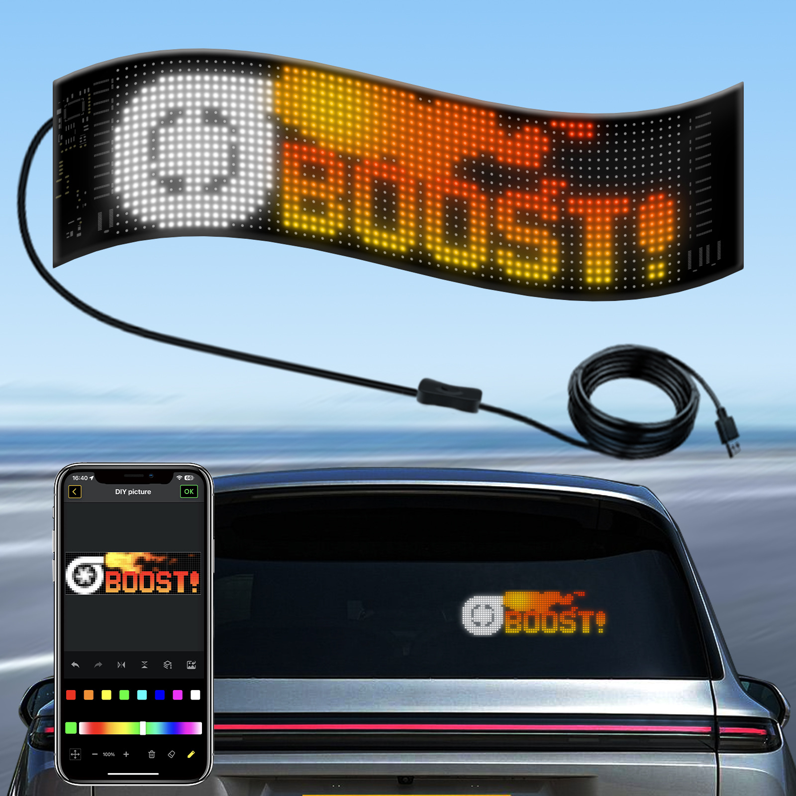 APP Bluetooth car advertising screen LED flexible display ip65 waterproof full color smart car sticker soft screen display
