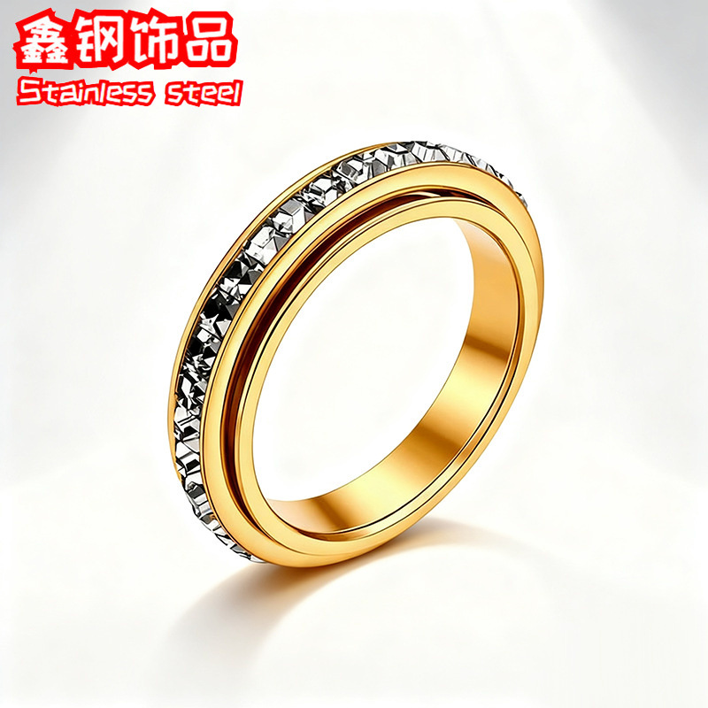 Source Manufacturer Spot Supply Cross-Border Hot Selling 4mm Square Diamond Rotating Ring for Women Stainless Steel Full Diamond Jewelry