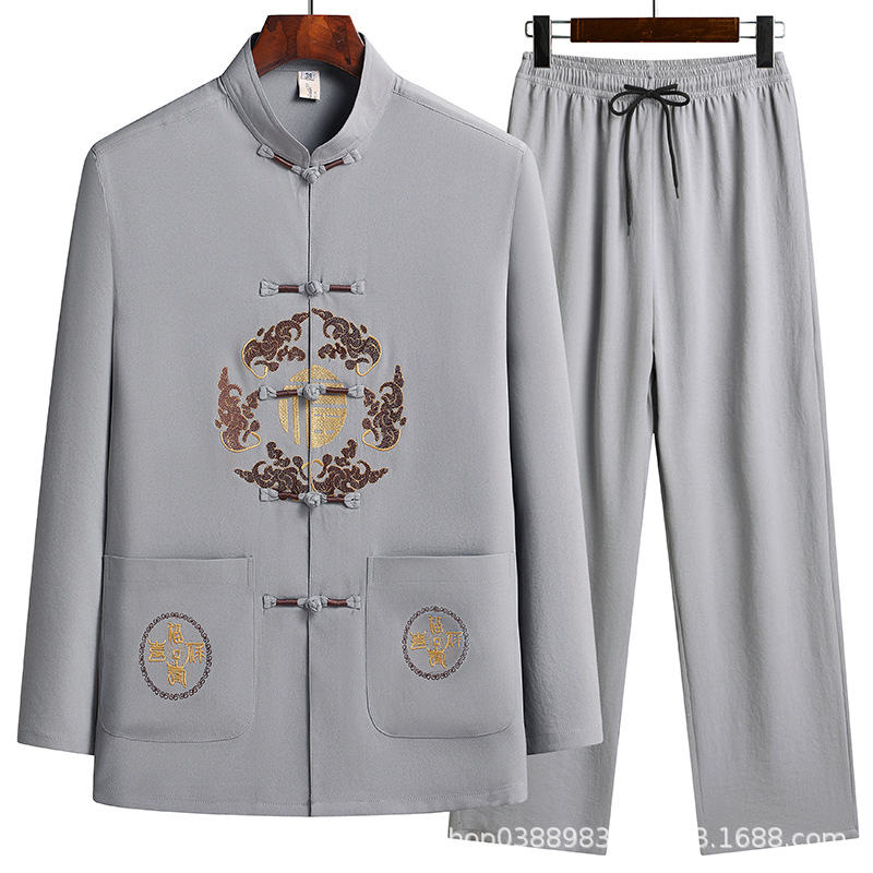 Long-sleeved Tang Suit Men's Spring and Autumn Men's Long-sleeved Shirt Middle-aged Grandpa's Tang Suit suit Hanfu Morning Exercise suit Men's