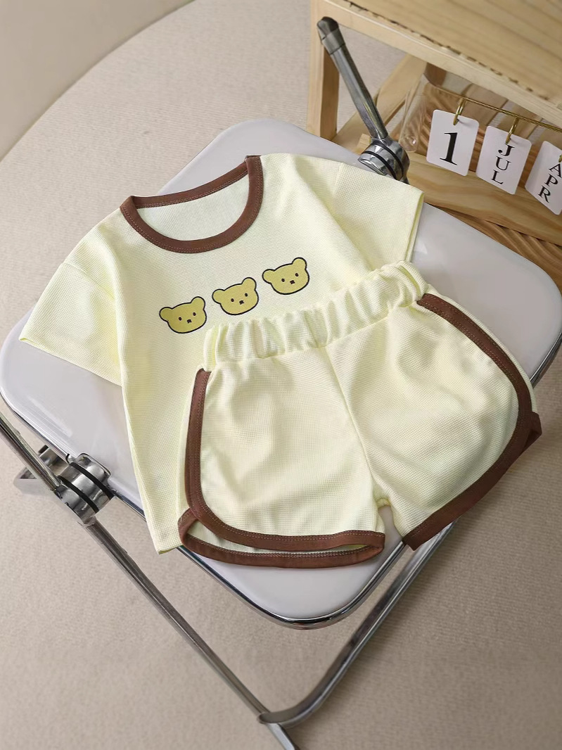 2025 New Summer Short-sleeved Shorts Children's Waffles Short-sleeved Rounded Pants Set Short Set Three Bears Head Cartoon