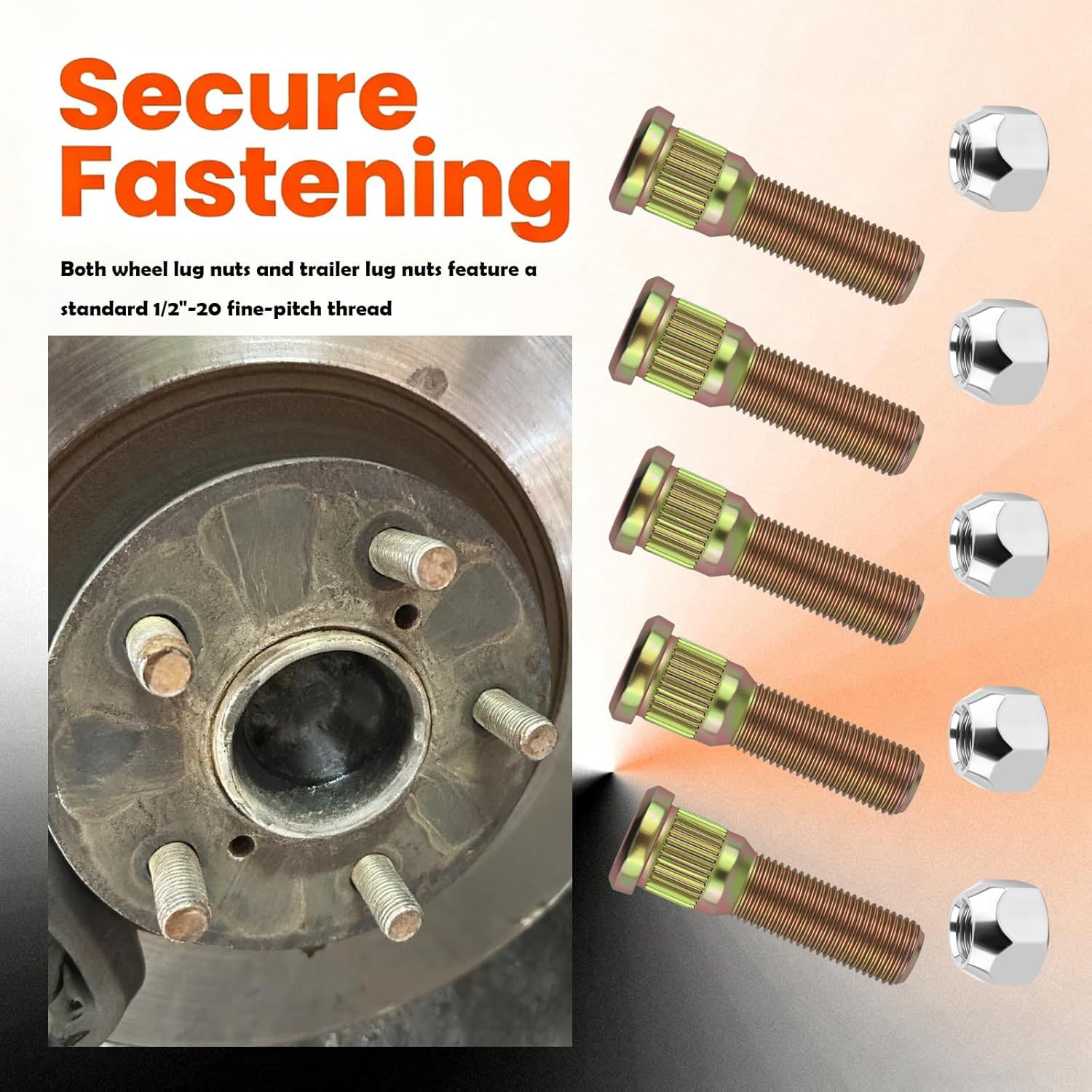 5 件装适用于拖车轮毂1/2" 20 轮毂螺栓和螺母套件 007-122-00