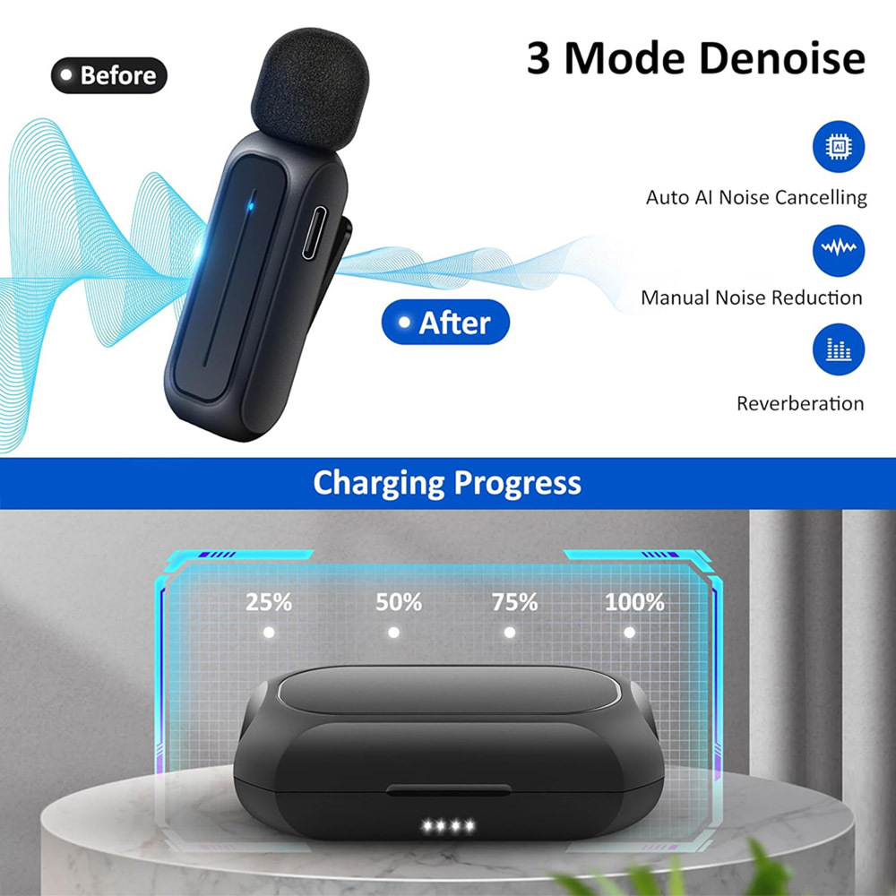 Popular Clip-On Wireless Microphone K1K8K9, One-To-Two Noise Reduction Mobile Phone Live Broadcast Microphone, Full Set for Live Streaming