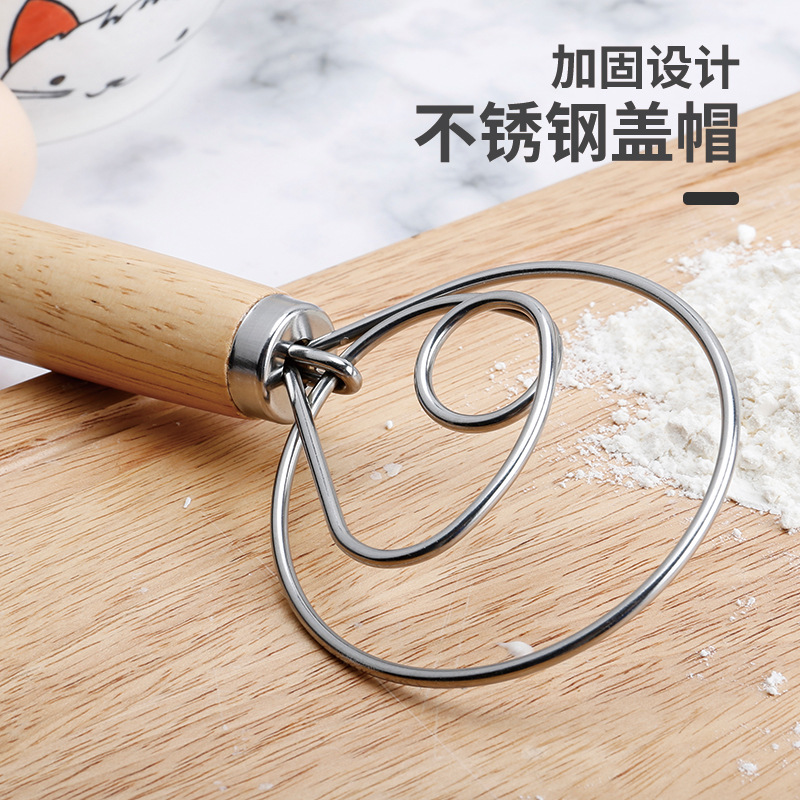 13 Inch Oak Handle Flour Mixer Danish Dough Mixer Stainless Steel Coil Egg Beater Tool