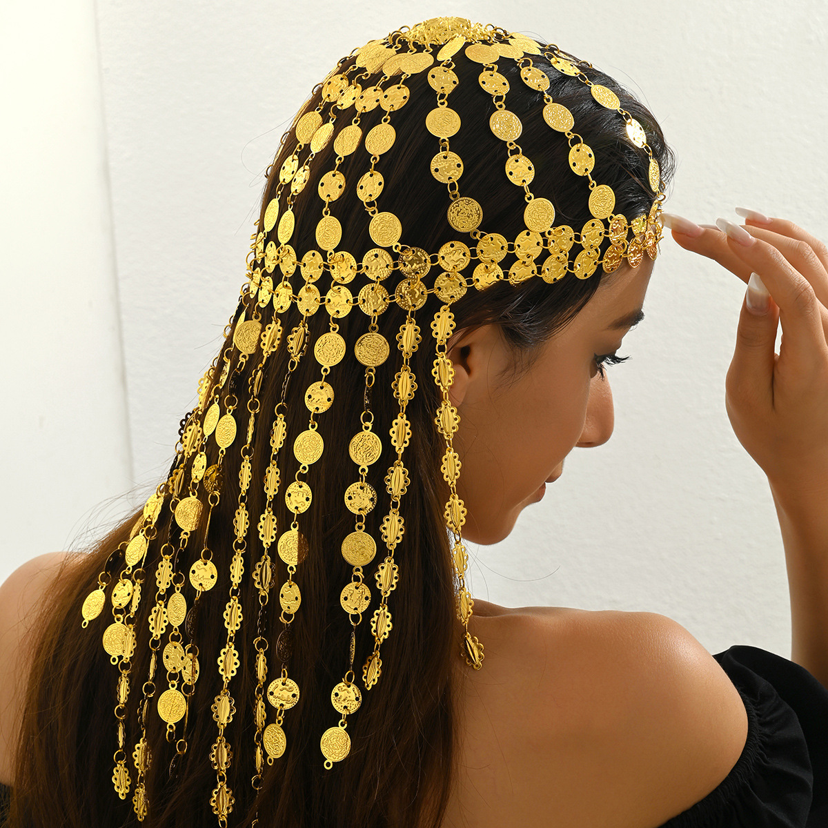 Популярная в Ближнем Востоке длинная цепочка для волос с монетами, ретро-дворцовый стиль, экстравагантные многослойные золотые украшения для головы, экзотический стиль