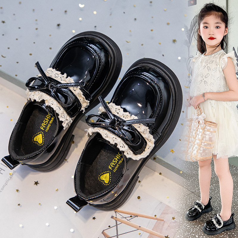 Girls' Black Leather Shoes with Bow, 2025 Spring Soft-Soled Performance Shoes for Older Children, Velcro Design for Girls