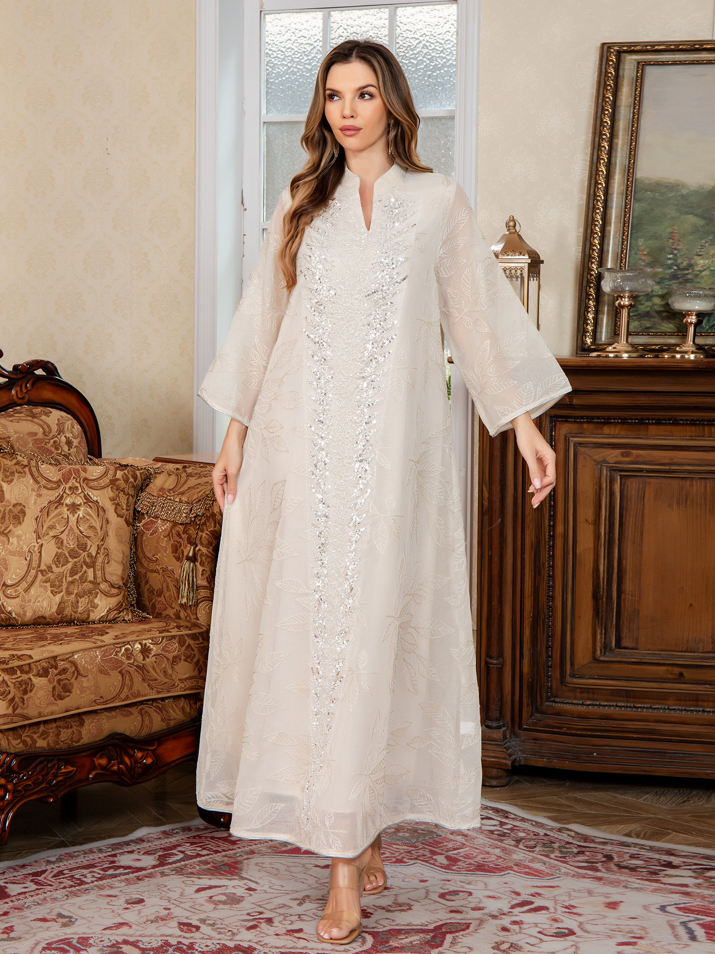 New Muslim Mesh Embroidered Robe Middle Eastern Clothing Abaya Dubai Long Skirt Abaya Sequin Robe