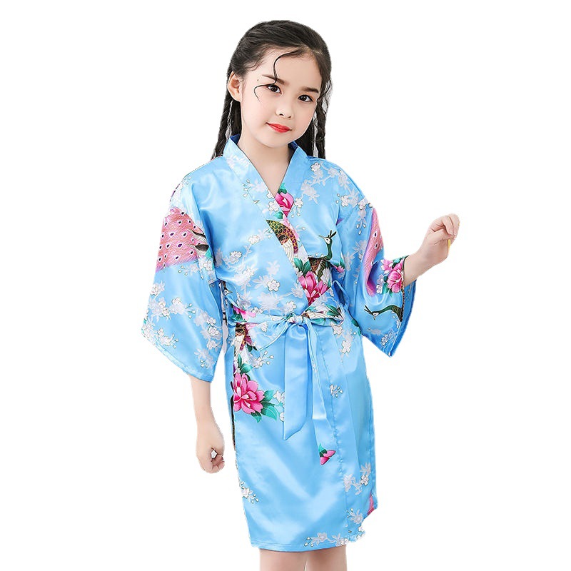 Cross-border Ice Silk Children's Pajamas Summer Nightgown Kimono CUHK Girls' Home Clothes Bathrobe Thin Imitation Silk Satin
