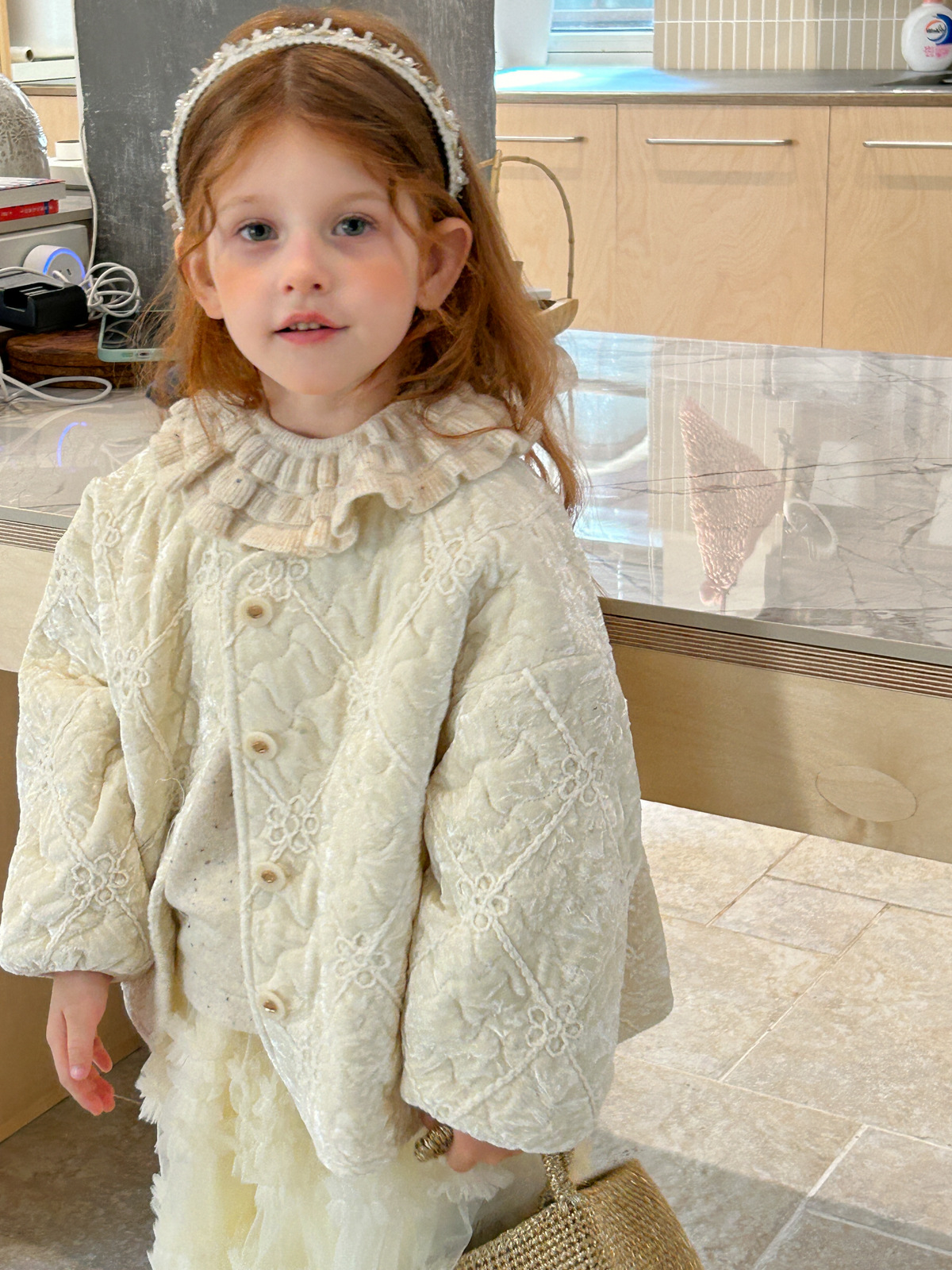 2025 Autumn/Winter New Girls' Quilted Velvet Chanel-Style Floral Cotton Jacket Embroidered Cardigan