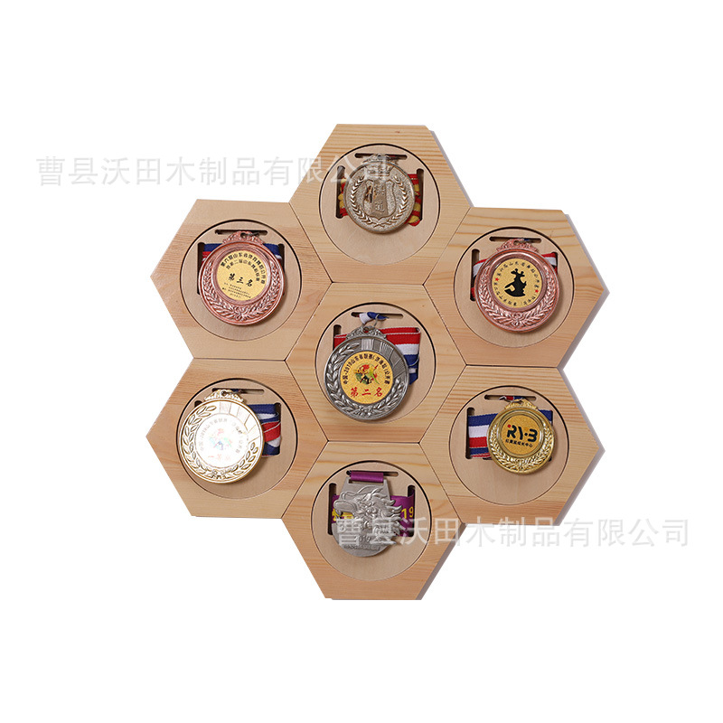 Creative Wooden Honeycomb Combination Medal Display Rack Hexagonal Medal Hanger Wall-Mounted Medal Medal Display Board