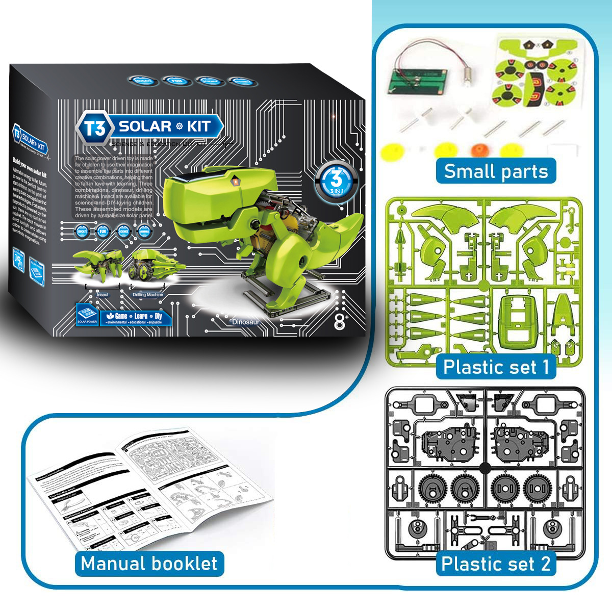 Cross-border DIY assembled toy puzzle three-in-one self-installed dinosaur solar toy car 3-in-1 intelligent robot