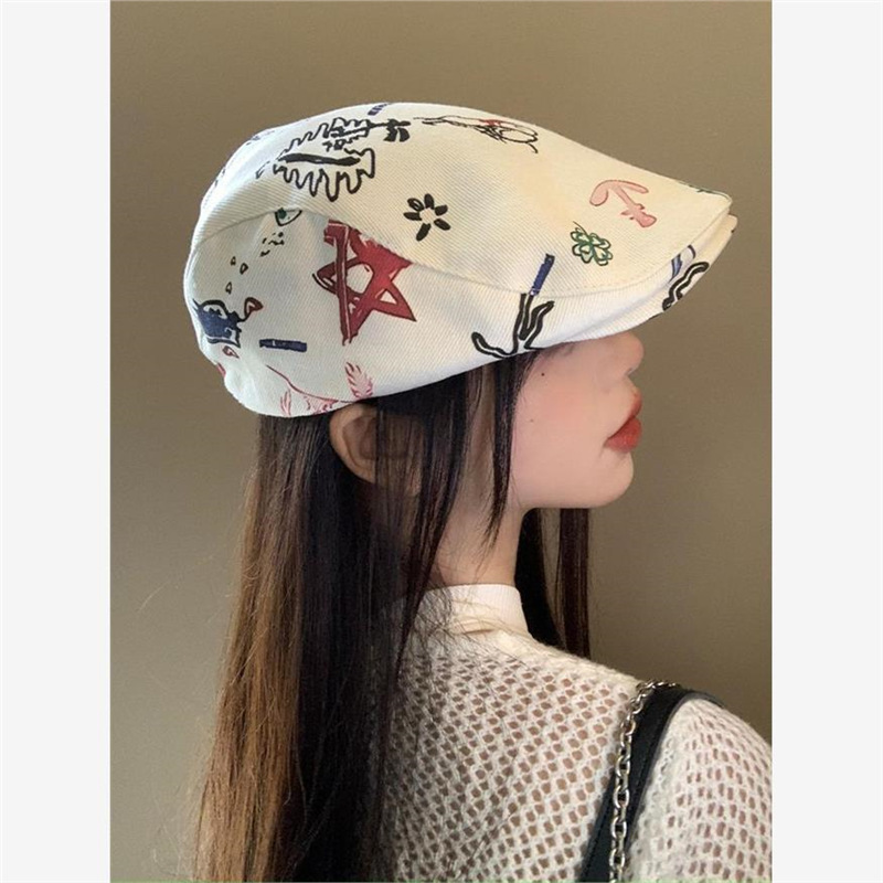 Japanese-Style Graffiti Forward Cap for Women, Spring and Summer Korean Version Versatile Large Head Circumference Beret, Face-Slimming Beret, Painter Hat