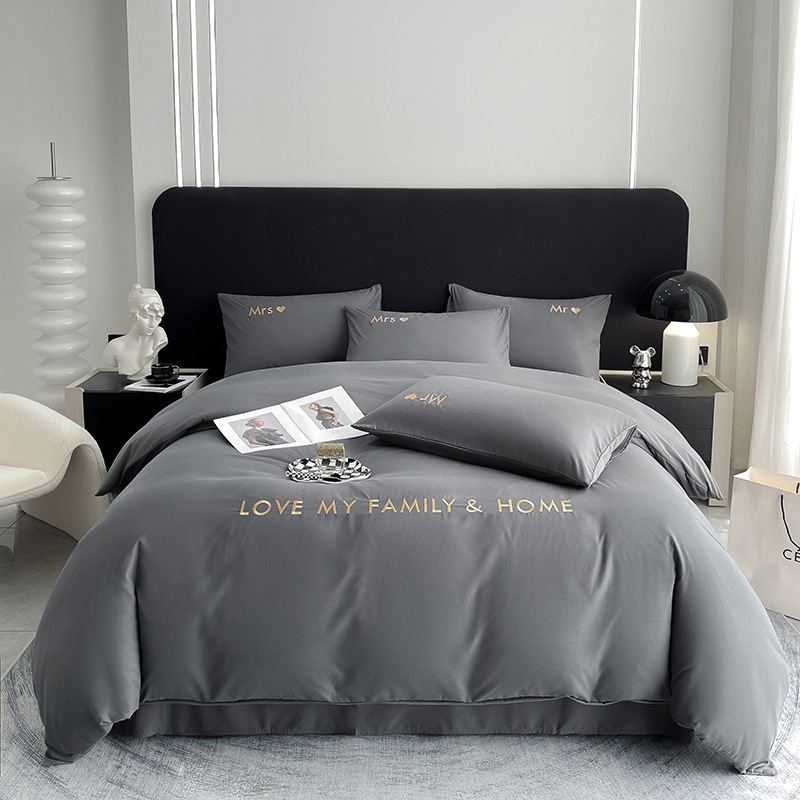 Home Textile Solid Color Four-Piece Set, Pure Cotton Embroidery, High-End Bedding Three or Four-Piece Set, 4-Piece Set Wholesale
