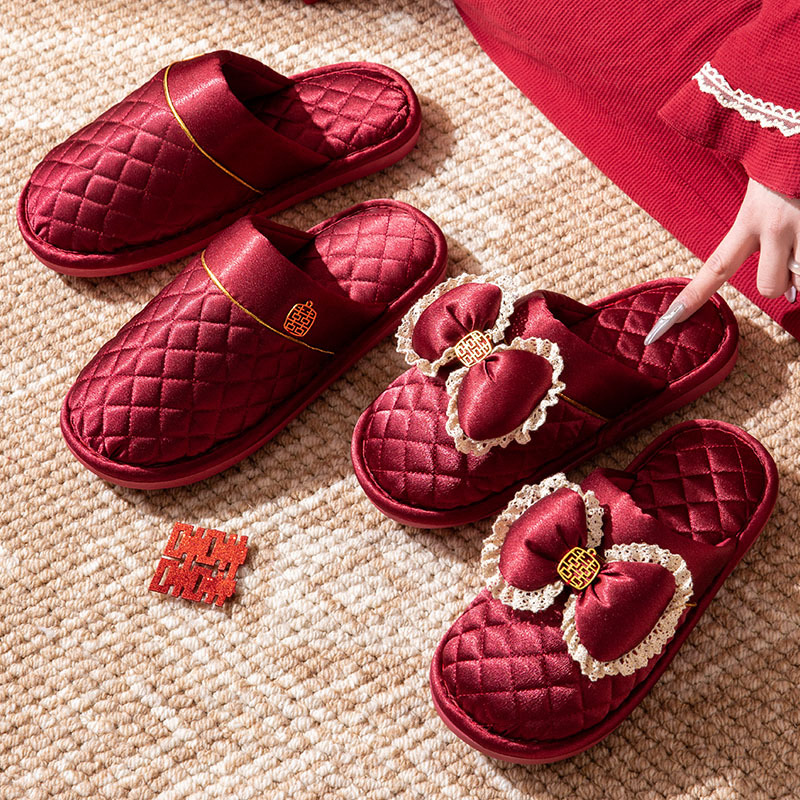 Slippers Red Wedding Pair Autumn and Winter Bride and Groom Bride Dowry Wedding Wedding Couple Slippers Baotou Non-Slip