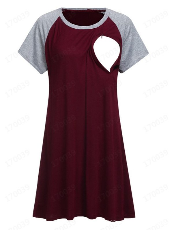 Foreign trade maternity clothes Amazon explosion round neck short sleeve breast-feeding opening color matching pregnant women dress pajamas