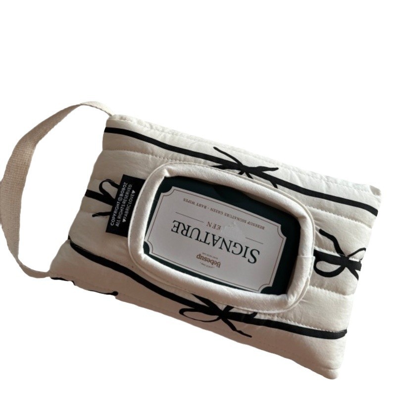 Korean Ins-Style Striped Bow Quilted Fabric Handbag with Hanging Flip Cover and Removable Tissue Bag, Cotton Material