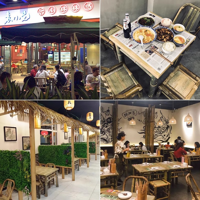 Bamboo Hot Pot Table and Chair Set for Restaurant, Eight Immortals Table, Square Table, Hot Pot Restaurant Commercial Dining Table and Chairs, Tea Brewing Table Around the Stove