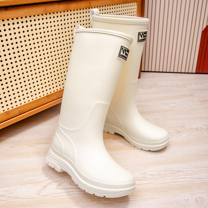 Korean Style High-Top Rain Boots for Women, Outdoor Waterproof Shoes, Kitchen Work Non-Slip Water Boots, Adult Fleece-Lined Thick-Soled Rain Boots