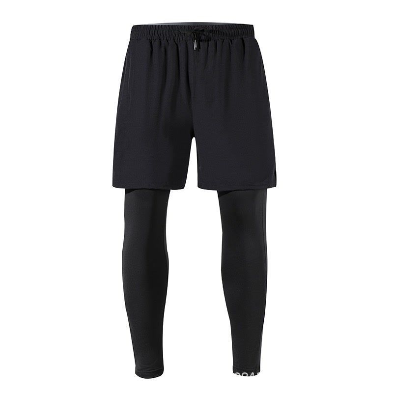 Fake Two-Piece Sports Men's Elastic Tight Running Fitness Pants Training Quick-Drying Double-Layer Basketball Pants Trendy Ins