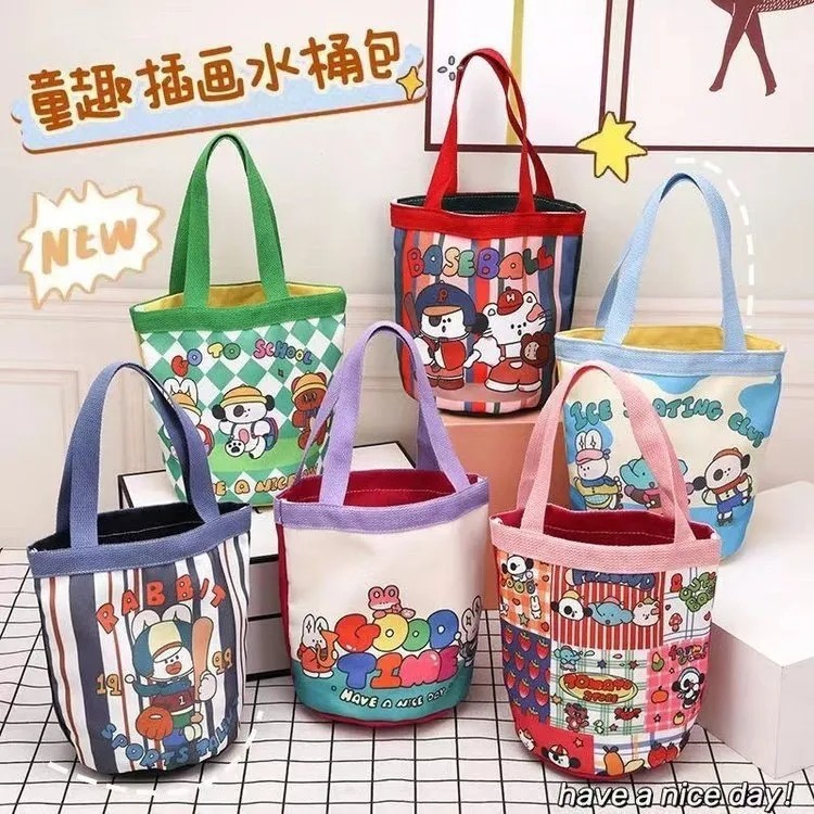 Милая иллюстрация щенка, сумка-ведро из канваса, корейский стиль, женская сумка с сердечком, сумка для обеда, маленькая рабочая сумка