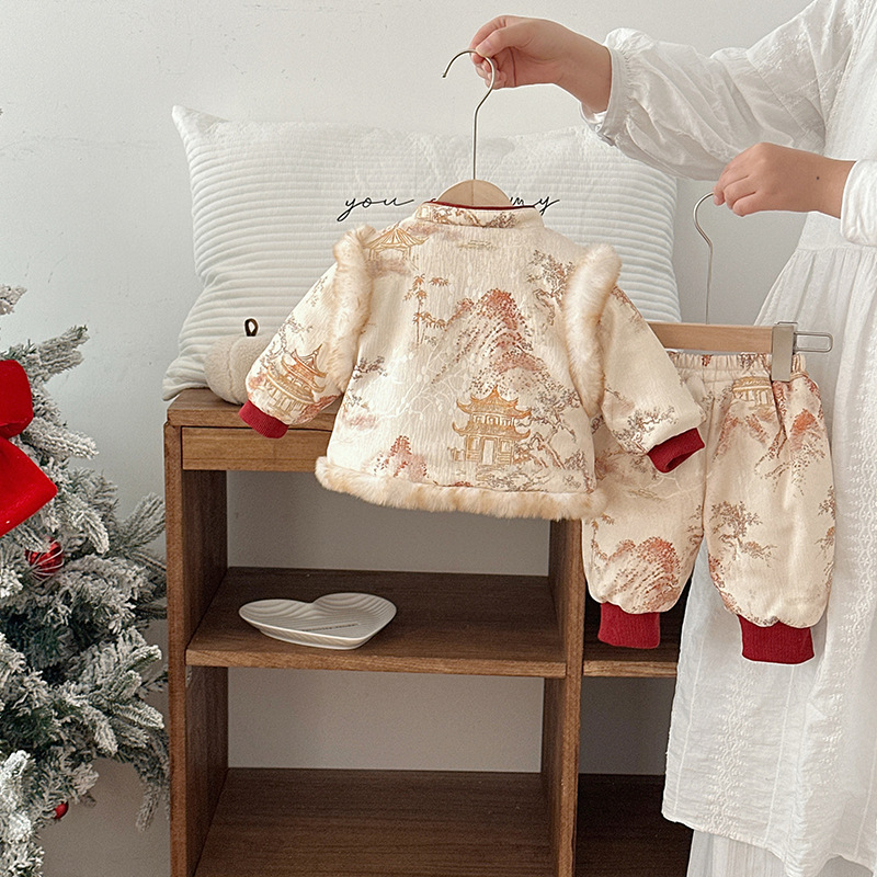 Infant and Toddler Clothes, Autumn and Winter Baby Cotton Clothes, One-Year-Old and 100-Day New Year's Greetings Clothes, Thickened Welfare Garden Landscape Painting Split Suit