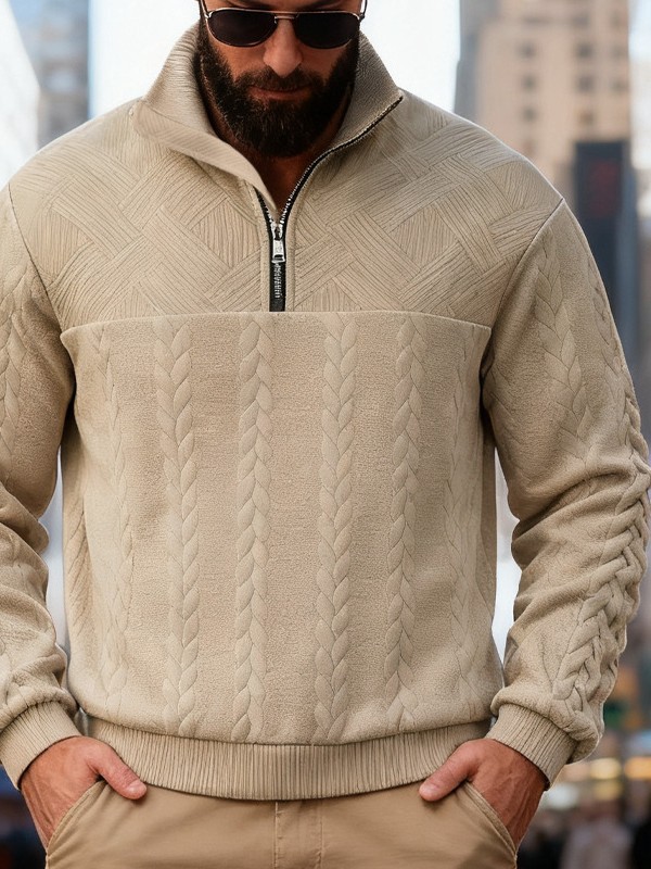 Cross-Border American Retro Casual Stand-Up Collar Zipper Pullover Loose Knitted Heavy Splicing Jacquard Autumn and Winter Long-Sleeved Sweatshirt