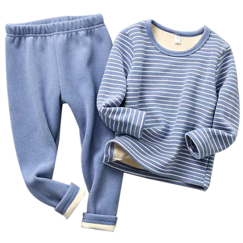 2025 Autumn/Winter Children's Fleece-Lined Thick Striped Pajamas Homewear Set for Boys and Girls, Base Layer Thermal Underwear Set