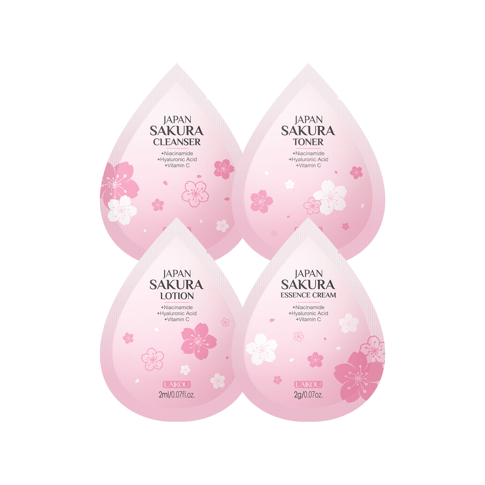 Laikou Japanese Cherry Blossom Set 4-Piece Trial Pack 2g Facial Cleanser, Lotion, and Cream Skincare Products