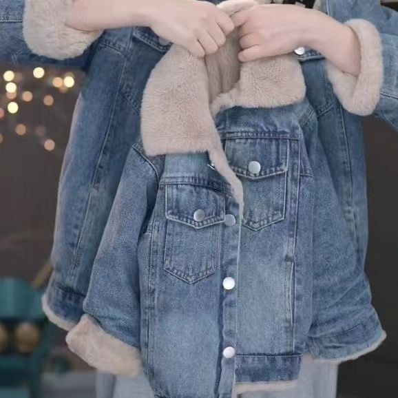 Girls' Denim Jacket with Fleece Lining, Thickened for Autumn and Winter, New Trendy Fashion for Older Children, Warm Outerwear for Elementary School Students, Korean Style