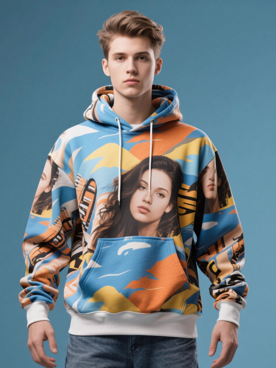 Digital Printed Pullover Sweatshirt Custom European and American Autumn and Winter Men's Hoodie Fleece Sublimation Export Thickened Jacket