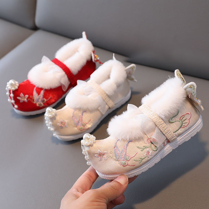 Girls' Han Dynasty Shoes, Winter Velvet Costume, Kidsren's Embroidered Shoes, Ancient Style Baby Matchinging Horse-Faced Skirts, Raised-Toe Cotton Shoes