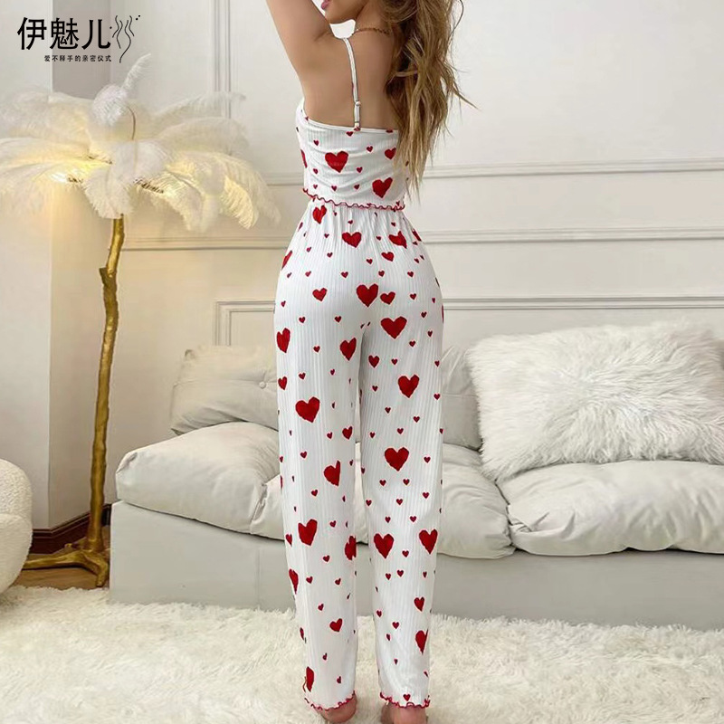 2024 Europe and the United States cross-border hot-selling home clothing pit strip love camisole pajamas women can wear pants suit