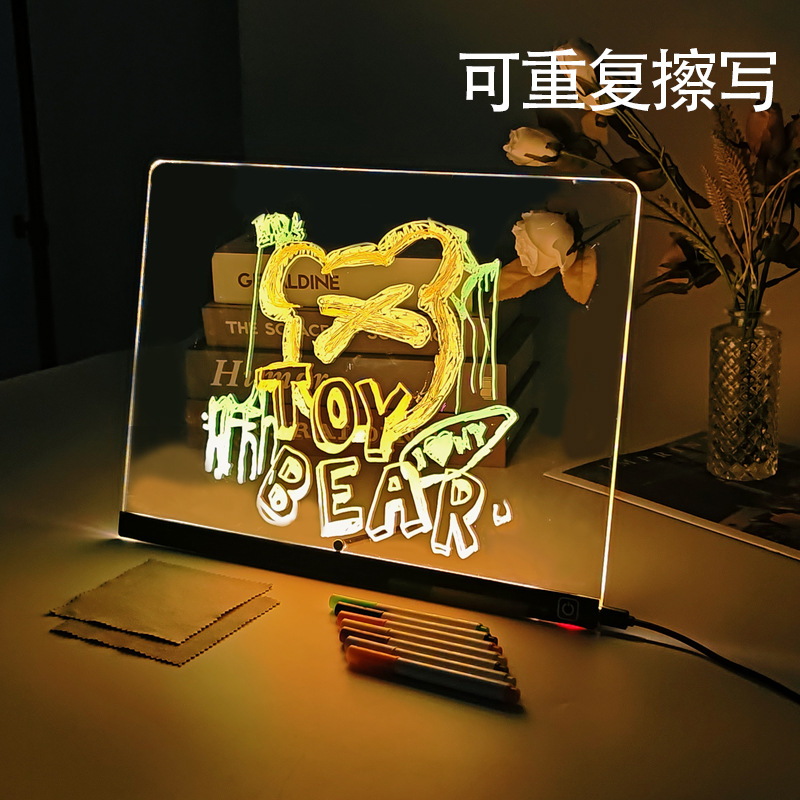Cross-Border DIY Acrylic Luminous Drawing Board Led Message Writing Board Night Market Stall Erasable Painting Graffiti Fluorescent Board
