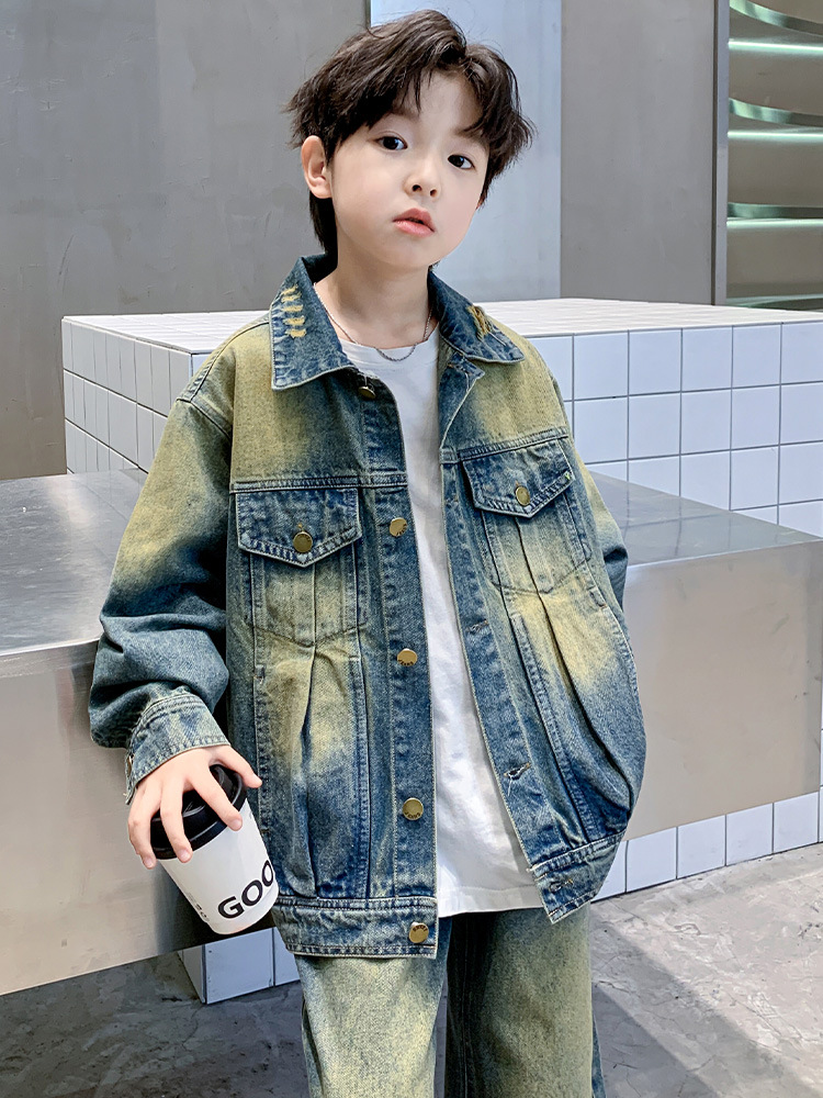 2025 new spring and autumn European and American fashion retro cool children's Denim suit big children's Denim two-piece set