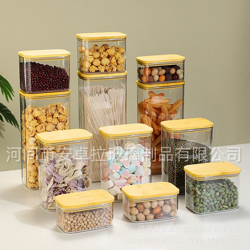 Прямоугольная герметичная банка стеклянная герметичная коробка из высокобorosilicate прямоугольная банка для хранения с бамбуковой крышкой