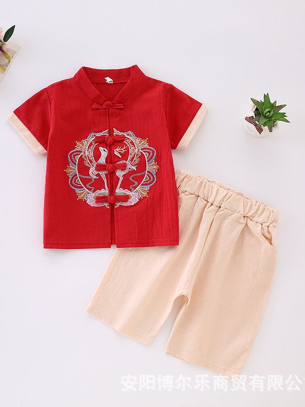 Hanfu Ethnic Style Boys' Cotton and Linen Short-Sleeve Outfit Baby Traditional Chinese Children's Tang Suit Ancient Style Performance Costume