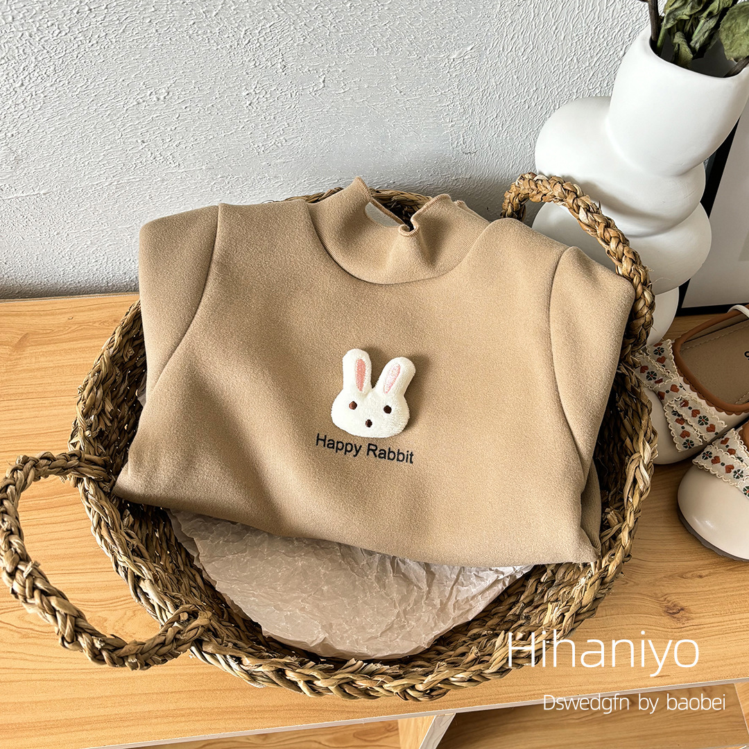 Girls Base Shirt Fleece Half High Collar Autumn and Winter New fleece-lined Children's Long Sleeve Thickened T-Shirt Korean Baby Top