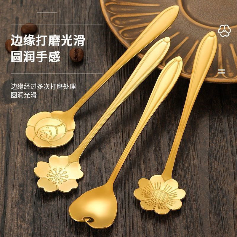 Bird's Nest Stainless Steel Long Handle Cherry Blossom Spoon Golden Rose Flower Spoon Takeaway Spoon Disposable Dessert Spoon with Packaging
