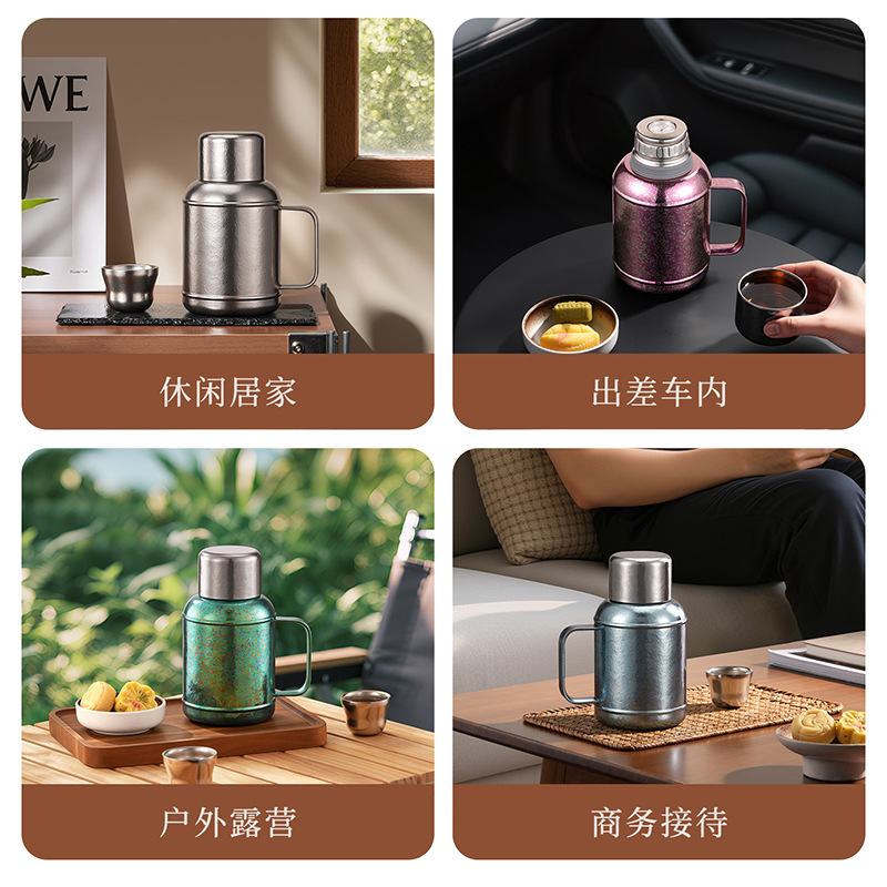 Pure Titanium Tea Brewing Thermos, Antibacterial, Keeps White Tea Fresh, One Pot with Three Cups, 600ml Tea Brewing Pot, Temperature Display Inside and Outside, Titanium Pot