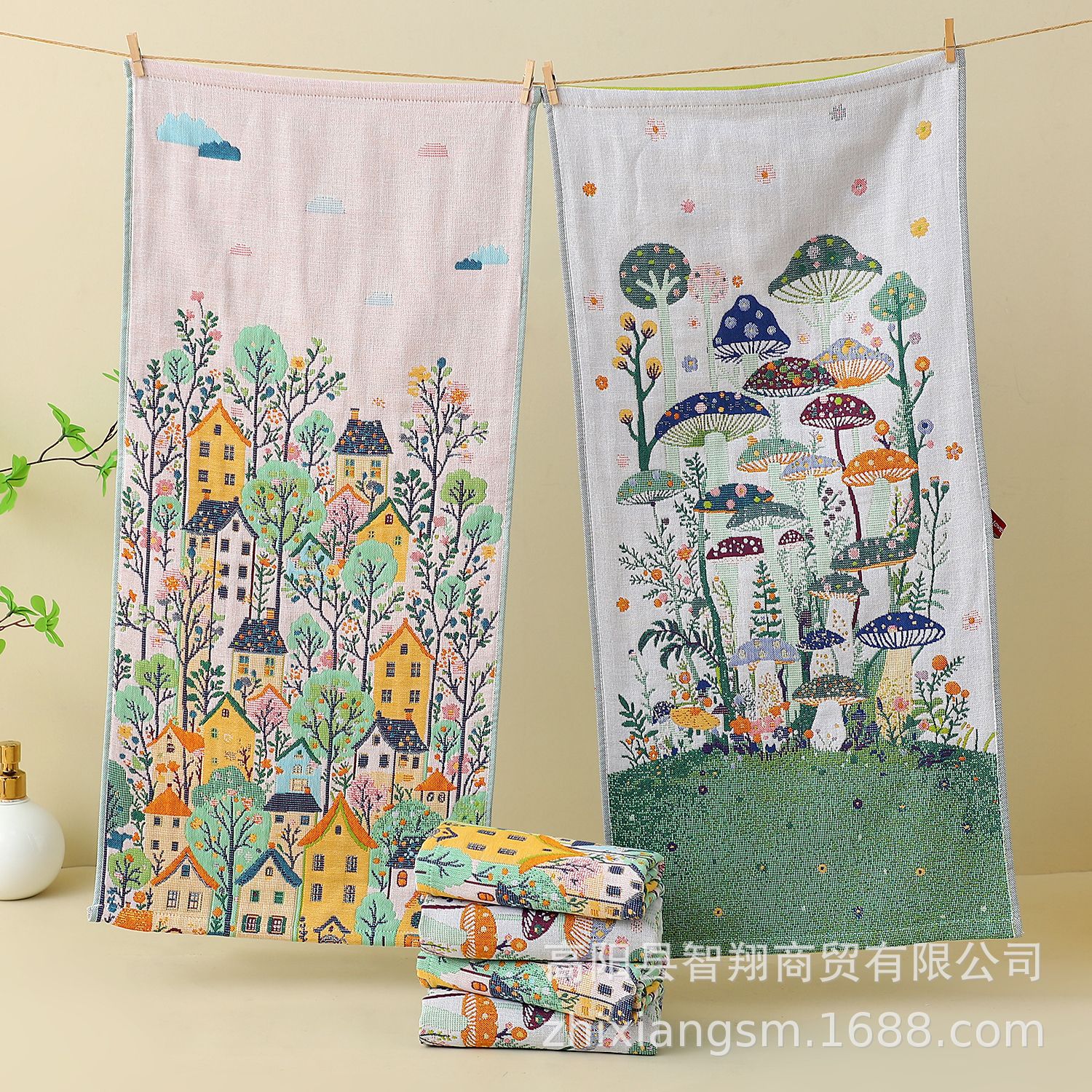 Mushroom Cross-Border Cartoon Jacquard Four-Layer Cotton Gauze Square Towel Bath Towel Soft and Breathable Gift Large Bath Towel