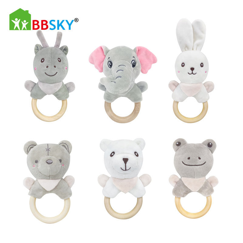 Cute cartoon elephant White Rabbit deer polar bear frog hand-cranking wooden ring educational hand rattle baby plush toy