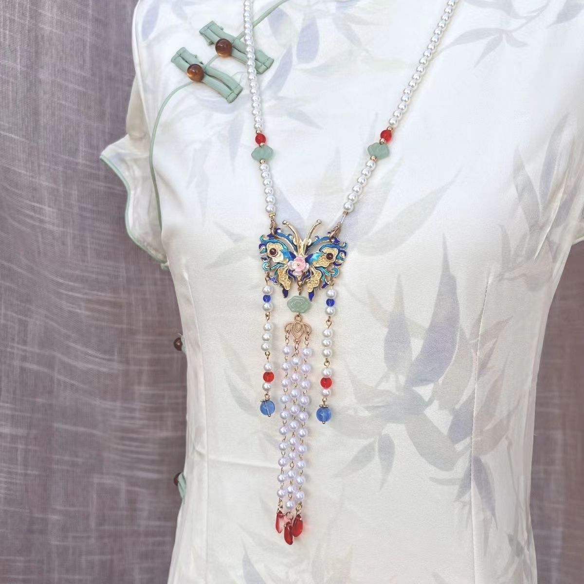 New Chinese-style Horse-faced Skirt Pearl Wreath Necklace Chinese-style Hanfu Long Necklace Accessories Ming-made Longlife Lock Pendant