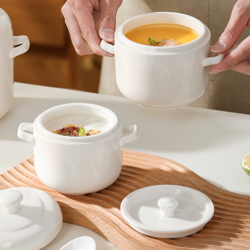 Jingdezhen Pure White Binaural Ceramic Stew Pot with Lid Household Steamed Egg Bowl Health Bird's Nest Supplements Special Stew Pot