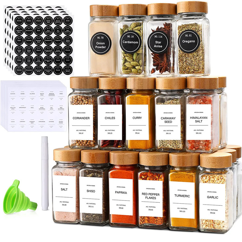 Square Seasoning Bottle 120ml Acacia Wooden Lid Household Kitchen Salt Cumin Pepper Glass Jar Spice Bottle 24 Pack