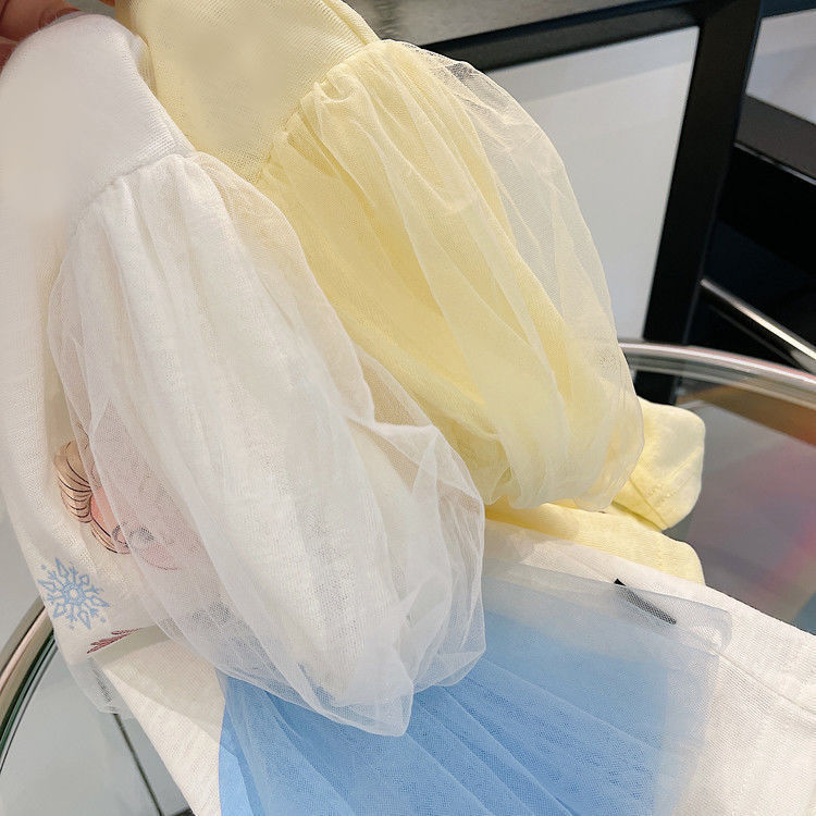 Girls' Summer New Style Mesh Puff Sleeve Princess T-shirt Children's Baby Stylize Cartoon Short Sleeve Top All-Match Trendy