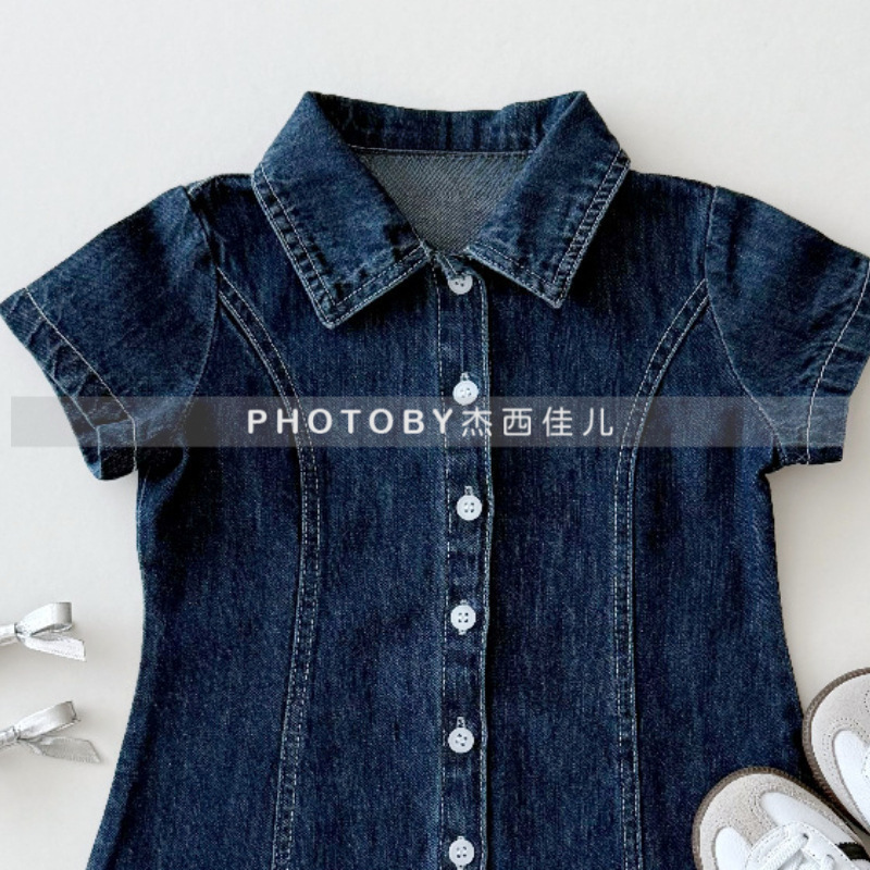 Girls Ins Denim Dress Summer New Baby Girl Fashion Denim Lapel Short-Sleeved Button Korean Style A-Line Skirt