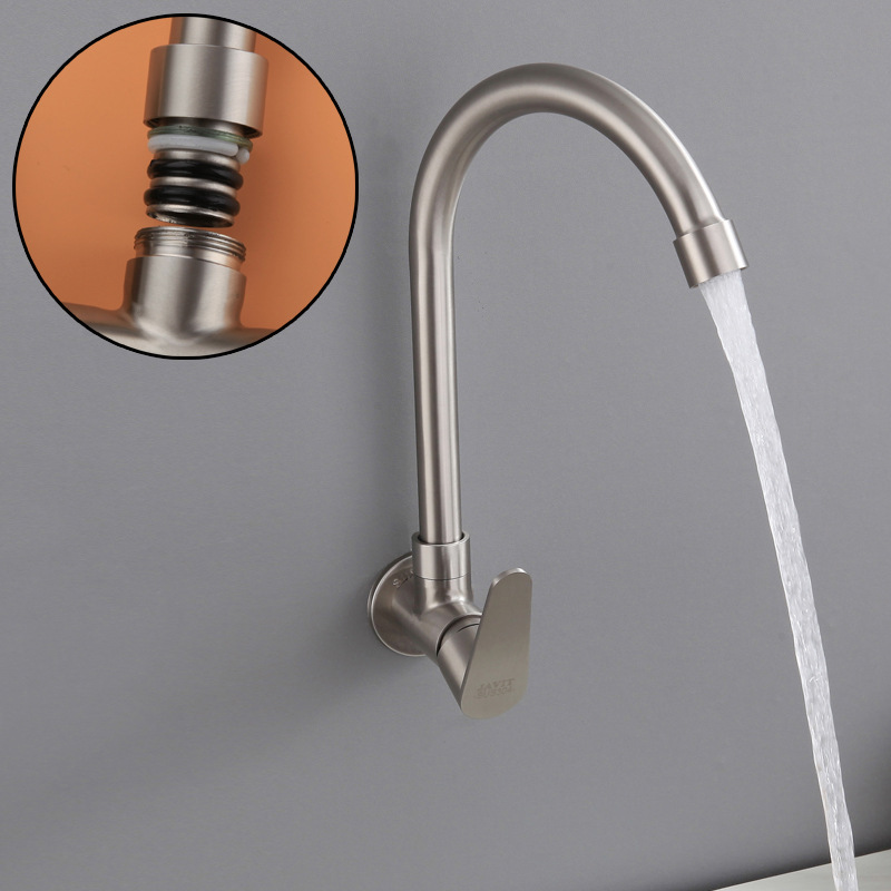 Wall-Mounted Kitchen Faucet, Single Cold Water, 304 Stainless Steel, for Sink, Dishwashing, Laundry Sink, Washbasin, Sink, Stove